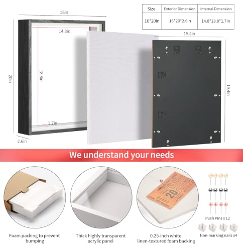16x20 Large Shadow Box Frame with Thickened Acrylic Panel & Pins - color: Black + Thickened Panel + Foam Packaging, size: 16x20