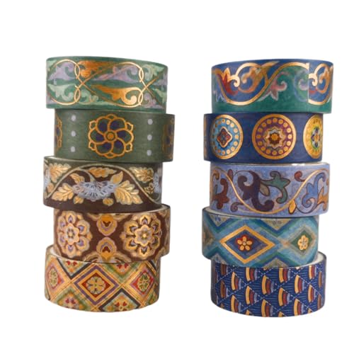 Chinoiserie Gold Foil Washi Tape Set 10 Rolls (Ancient Blue) - color: Ancient Blue