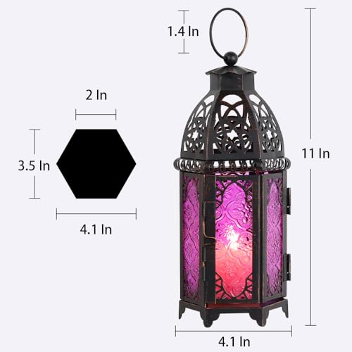 Halloween Lanterns Decorations Indoor & Outdoor, 11’’ Medium Size Vintage Metal Hanging&Tabletop Candle Holder Decor, Christmas Ramadan Decorations for Home Porch Patio (Purple) - color: Purple - 11''h, size: Medium