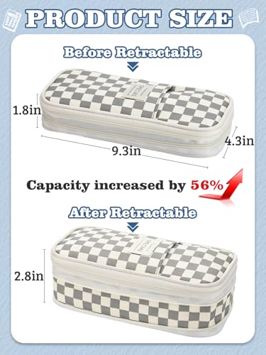 Bigmeta Gingham Expandable Pencil Case for Teens Girls - Light Gray - color: Light Gray