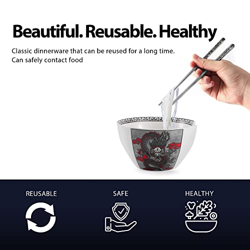 Hagary Dragon Ceramic Bowls Japanese Korean Soup Bowl Pasta Salad Dessert Serving Bowls Housewarming Wedding Gifts Designed in Korea (With Chopsticks) (Black, 20 oz - 1pc) - size: 20 oz - 1pc