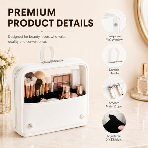 YDR Travel Makeup Brush Holder, Standing Makeup Brush Bag with Clear Window, Detachable Dividers, Large Capacity PU Leather Makeup Brush Case for Women & Makeup Artists - color: White