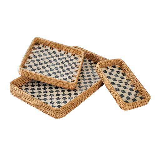 Set of 3 Rattan Serving Trays with Mother of Pearl, Terrekraft - color: Checkerboard