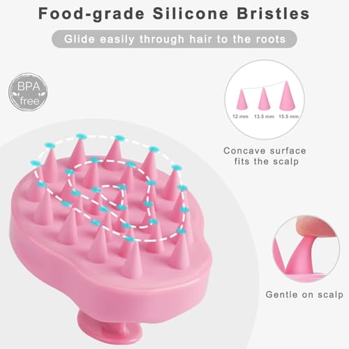 FREATECH Massager Shampoo Brush with Soft Silicone Bristles for Scalp Care, Shower Hair Scalp Scrubber Exfoliator for Dandruff Removal and Hair Growth, Wet & Dry for Men, Women and Kids, Pink - color: Pink