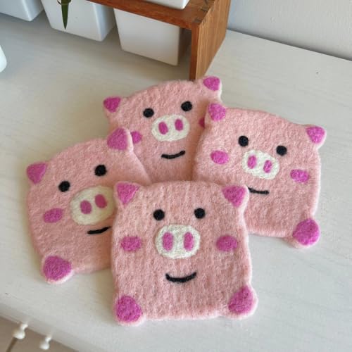 Humble Hilo Handmade Animal Felt Coaster Set of 4, Absorbent Coaster for Animal Lover (Pig) - color: Pig