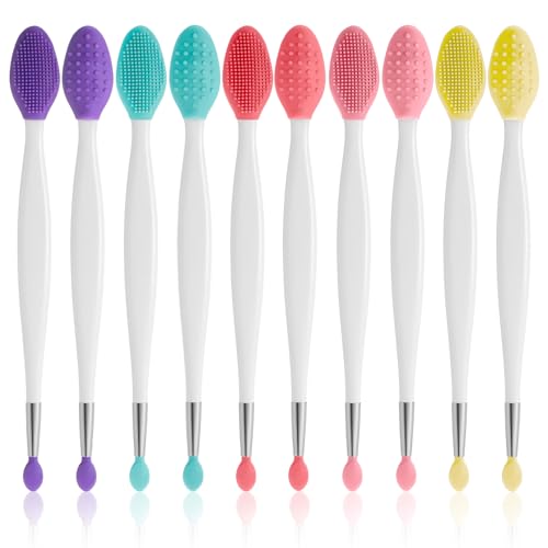 10 Pcs Lip Scrub Brush, 3-in-1 Silicone Lip Brush Dual-ended Lips Scrubber Exfoliator Mask Applicator Facial Cleansing Brushes for Dark Lips Makeup Skincare Removal