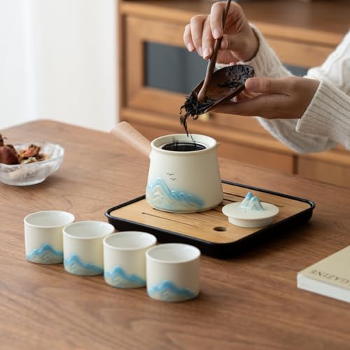 Portable Chinese Tea Set with Carry Bag - White Complete Gongfu Teapot Set Includes Side Handle, 4 White Cups,Tea Tray & Strainer, Artistic Travel Teapot Kit for Camping, Office, Home & Gifts - color: White Side-Handle Teapot Set