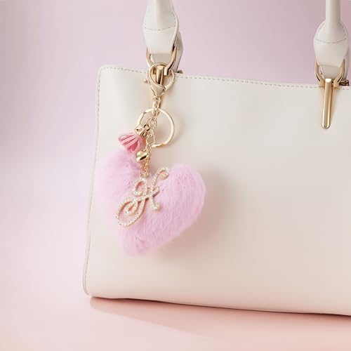 Initial Letter Heart Pom Pom Keychain for Women Pink Soft Fluffy Ball Key Ring for Purse Backpack Handbag - color: H