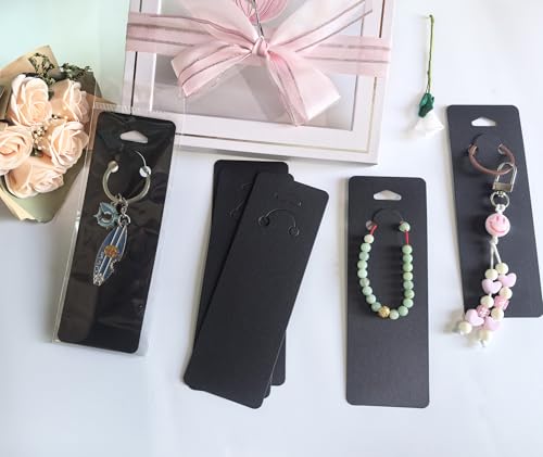 100 Set Keychain Display Cards with Bags,Jewelry Packaging Blank Hanging Cards for Selling - color: Black 5.9"x2"