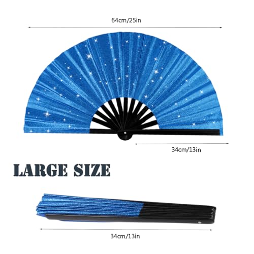 Large Folding Hand Rave Fan for Men/Women, Popping Fan for Line Dancing, Decorative Folding Hand Fan for Boots On The Ground, Festival, Gift, Home Decorations(Blue) - color: Blue