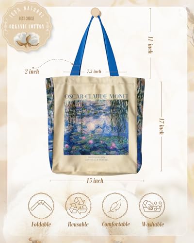 Miss Adola Aesthetic Heavy Canvas Tote Bag - with Pocket for Women Large Size 14''×16''×3.5'' Cloth Cotton Bags for Shopping - color: Water Lily