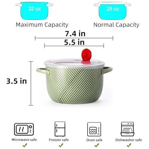 Ceramic Soup Bowl with Lid & Handle, Microwave Safe 32 oz, Green - color: Green, size: 2 pcs
