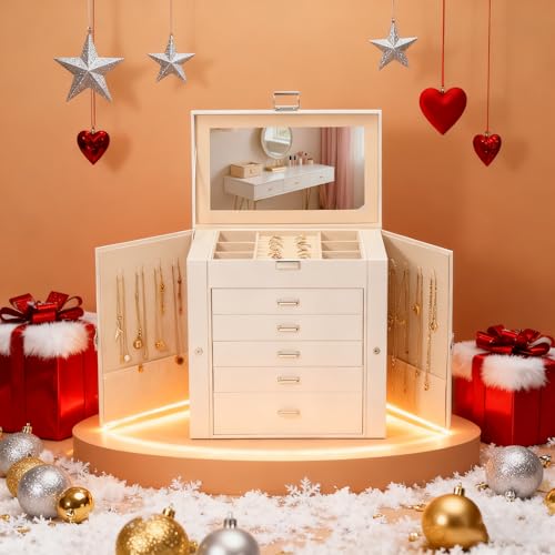 BOOVO Large Jewelry Box for Women 6 Layer - color: Silver and White, size: 6 Layer