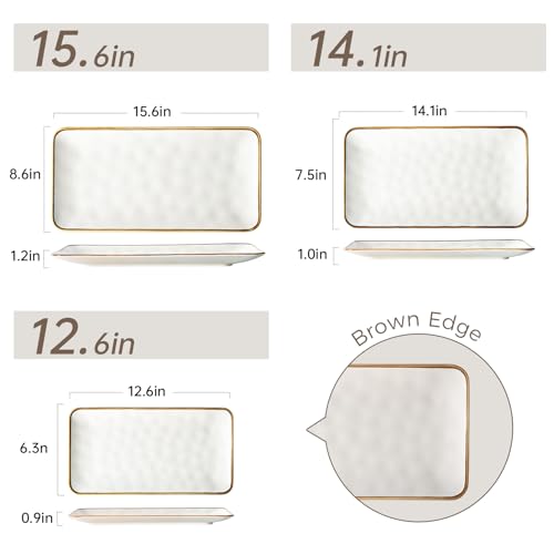 Ceramic Rectangle Serving Platter with Brown Rim: 15.6/14.1/12.6 Inch Large Serving Dishes for Entertaining Party, Sushi, Turkey, Cheese, Snack and Dessert, Microwave Dishwasher Safe - color: White, size: Rectangle
