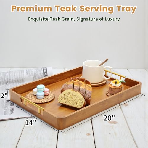 Solid Teak Wood Serving Tray with Handles, 20 x 14 Inch - size: 20" x 14" x 2"