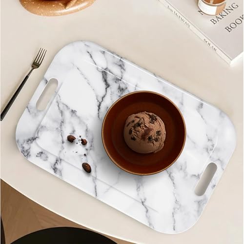 Serving Trays with Handles, 14.5 x 9.8 inch Rectangular Plastic Tray for Restaurant, Kitchen, Gray White Marble - color: Gray White Marble