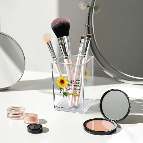 Rise Above The Storm and You Will find The Sunshine Acrylic Cosmetic Pencil Pen Holder Cup, Positive Sunflower Desk Organizer Accessories for Home Office Decor, Motivational Gifts for Women Girl - style: Rise Above