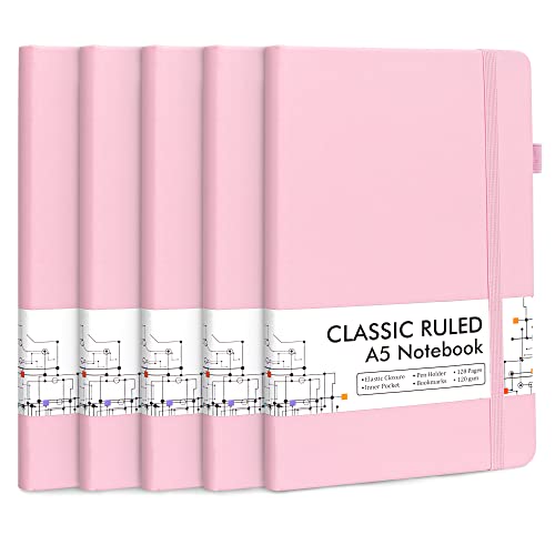 feela 5 Pack Notebooks Journals Bulk, Hardcover Notebook Classic Ruled Lined Journals with Pen Holder for Women Girls School Business Supplies, with 5 Black Pens, 120 GSM, 5.1”x8.3”, A5, Rose Pink - color: 5 Rose Pink