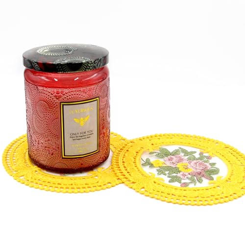4.5'' 8pk Cloth Vintage Coasters, Small Crocheted lace doilies, Gold Embroidered Fabric Coasters for Drinks, Yellow Lace Embroidery Coasters for Tea Cup, Tabletop Photography Decoration (Golden) - color: Golden