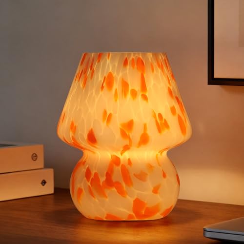 Mushroom Lamp with LED Bulb, Small Glass Bedside Lamp, Orange&White - color: Orange&White