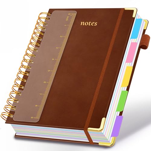 Hardcover Spiral Notebook 8"x10" Journal Notebook with Tabs and Removable Dividers 300 Pages 5 Subject Notebook College Ruled, Faux Leather Spiral Bound Notebook for Women School Work (Brown) - color: Brown, size: 8"x10"(B5)