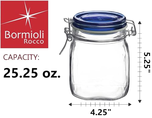 Bormioli Rocco Fido Glass Canning Jar, Airtight Storage Container with Blue Lid - 25.25 oz Clamp Lock Canister for Preserving Foods, Dry Goods & Pantry Organization - Italian Made Glass - color: Clear, size: 25.25 fl oz