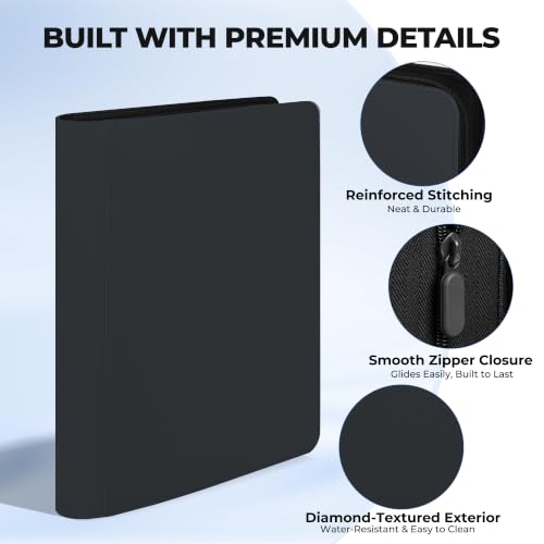 16 Pocket Zip Card Binder, 1024 Pockets Trading Card Binder with Side Loading Pockets, Water-Resistant Diamond-Textured Cover, Large 16 Slot Card Binder for TCG & Sports Cards - color: Black, size: 16-Pocket