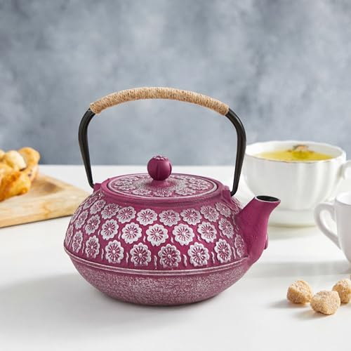 Juvale Cast Iron Tea Kettle with Infuser - Stovetop Brewing & Heat Retention - Floral Purple Cast Iron Teapot - Built-In Loose-Leaf Tea Infuser Pot - 34 oz, Medium - color: Purple, size: Medium