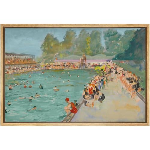 SIGNFORD Framed Canvas Print Wall Art Vintage Public Pool Scene Retro Outdoor Swimming Pool with Crowd Illustrations Modern Art Decorative Relax/Zen for Living Room, Bedroom, Office - 24x36 Natural - color: B08-2508-M13, size: 36"L x 24"W