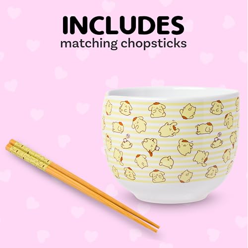 Silver Buffalo Sanrio Hello Kitty and Friends Pompompurin Pattern Ceramic Ramen Noodle Rice Bowl with Chopsticks, Microwave Safe, 20 Ounces - color: Pompompurin Pattern, size: 20 Ounces (No Spoon)