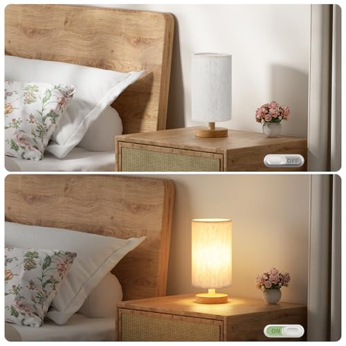 Fenmzee 9" Small Table Lamp for Bedroom - Inline Control with 3000K Bulb - color: Cream Shade - Wood Base