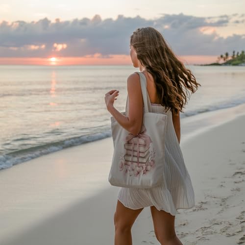 Aesthetic Canvas Tote Bag, Cute Reusable Bags for Women with Inner Pocket - color: White