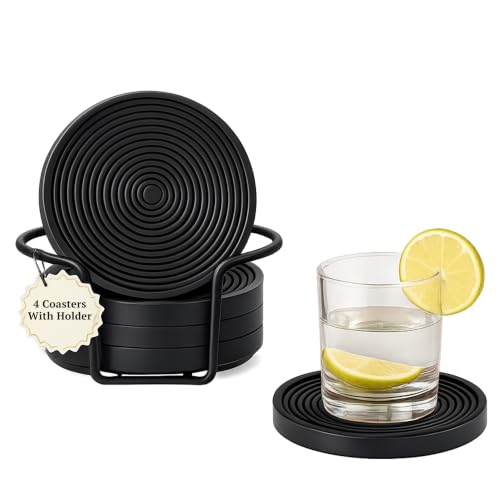 Folkulture Wooden Cute Wood Coasters with Holder, Black, Set of 4, Drinks - color: Black