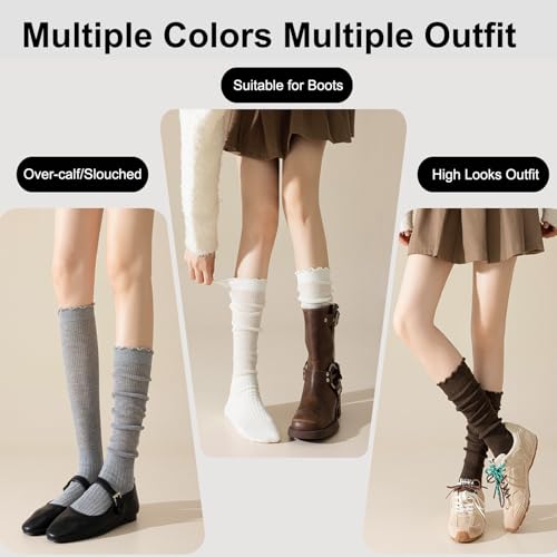 Moonlik Women Ruffle Knee High Boot Socks, Turn Cuff Knit, Breathable Cute Frilly Lettuce Dress Socks, 3 Pairs - color: Black Light Grey Coffee