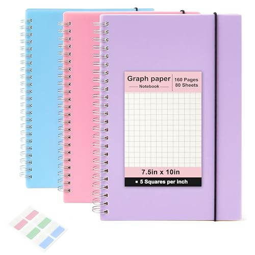 MSTONAL 3 Pack Spiral Graph Notebook Square Grid B5 Size 7.6"x10" - size: B5 (7.6"x10"), style: Graph Grid