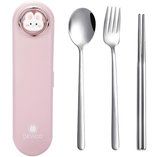 DEVICO Travel Utensils with Case Cute, Reusable Silverware for Lunch, 4Pcs Portable Cutlery Set, 18/8 Stainless Steel Fork Spoon Chopsticks in Cartoon Case, Dishwasher Safe (Pink) - color: Pink