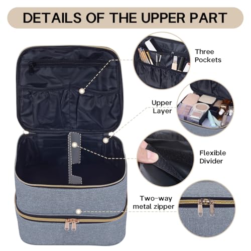 Double Layer Makeup Bag with Adjustable Dividers, Gray Gold - color: Grey Gold