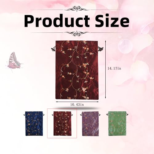 Embroidery Silk Flower Shoe Bag 4Pcs Drawstring Silk Jacquard Travel Bag Underwear Bags Washable Big Sachet Bag Storage Bags for Men Women - color: Wine red, blue, light green, light violet