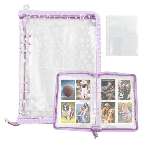 A5 Kpop Photocard Binder with 40 Sheet 4-Pocket Card Pages, Zip Closure Shinning Clear Cover 6 Ring Photocard Holder Binder Book 320 Pockets Mini Photo Organizing Storage Album (COLOR:Purple)
