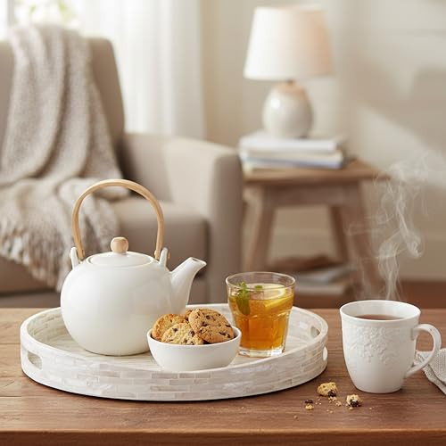 PEMAR 15.7"x11.8" Oval Mother of Pearl Serving Tray, Decorative Ottoman Tray for Living Room, Coffee Table, Breakfast in Bed, Candle Display (White Cream) - color: White Cream