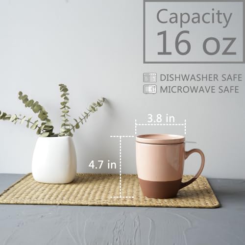 Bosmarlin Ceramic Tea Cup with Infuser and Lid, 16 Oz, Steeping Tea Mug with Strainer, Dishwasher and Microwave Safe (Light Pink) - color: Light Pink