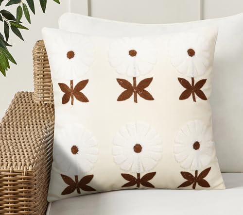 Merrycolor Boho Decorative Throw Pillow Covers 18x18 Embroidered Brown Flower Pillow Covers Textured Square Cushion Case Farmhouse Pillow Covers for Couch Bed,1PC, Beige - color: Style R, size: 18" x 18" (Pack of 1)