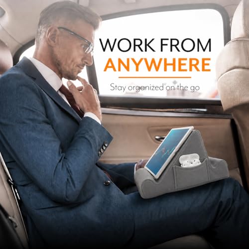 Brookstone Tablet Lap Cushion - Tablet/Phone/Ebook Holder for Bed, Flights, and Travel, Memory Foam Lap Desk for Reading and Hands Free Viewing, Compatible iPad and Kindle Accessories, Grey - color: Gray