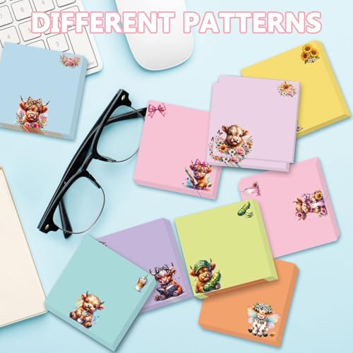 9 Pcs Highland Cow Sticky Notes 3"X3", Cute Flower Cow Self-Adhesive Notes for Women Man, Funny Sticky NotePads for Teacher Students Office Worker Supplies - color: Highland Cow