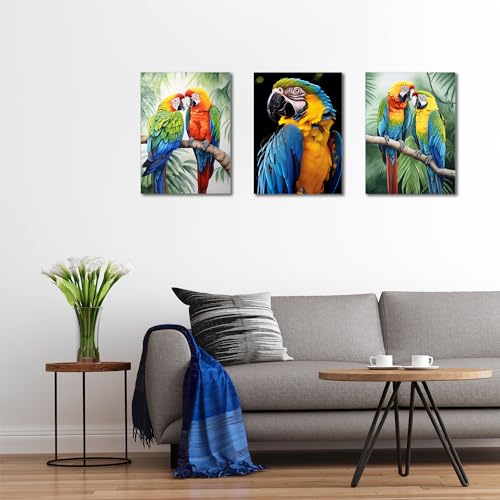 GLOKAKA Set of 3 Parrot Wall Art Colorful Parrot on Branch with Tropical Leaves Painting Pictures Wall Decor Colorful Birds Artwork for Living Room Bedroom Bathroom Decor - color: Parrot Artwork-01, size: 28"L x 20"W