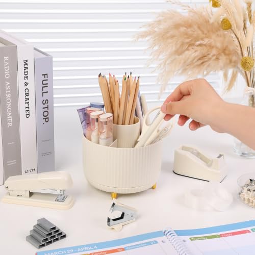 SKYDUE Desk Organizer Set with 360° Rotating Pen Holder - color: Beige