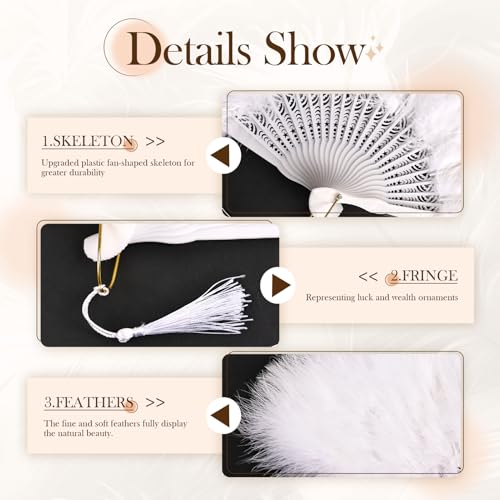 whitefeather Vintage Feather Hand Fan, 17.7 x 11.8 inches, Marabou Feathers, 1920s Style for Costume Parties, Tea Parties - color: White