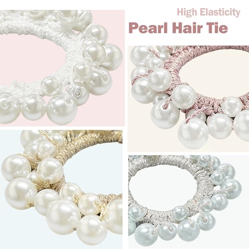 Pearl Hair Tie for Women Hair Accessories Wedding Beaded Ponytail Holder Elegant Elastic Hair Bands Cute Hair Ties Decoration (4 Pack)