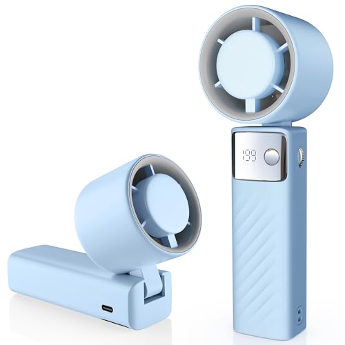 YOSHENMO Portable Handheld Turbo Fan - Foldable Mini Fan with Air Turbo Tech, 1-199 Speed Adjustment, 20H Runtime, LED Display, Battery-Powered for Indoor/Outdoor Use Light Blue - color: Light Blue, size: Small