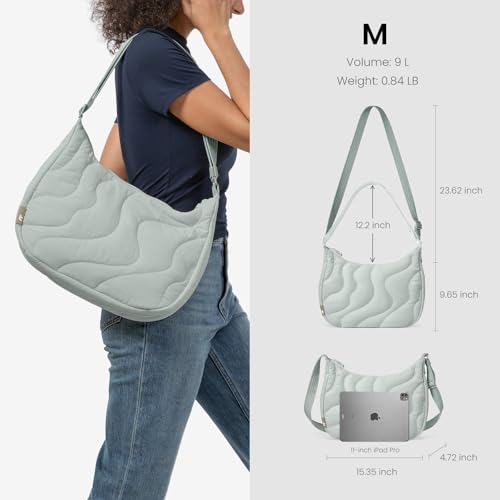 tomtoc Puffer Sling Crossbody Bag for Women Trendy, Nylon Quilted Crescent Shoulder Bag Purses, Puffy Travel Hobo Handbag - color: Light Blue-m